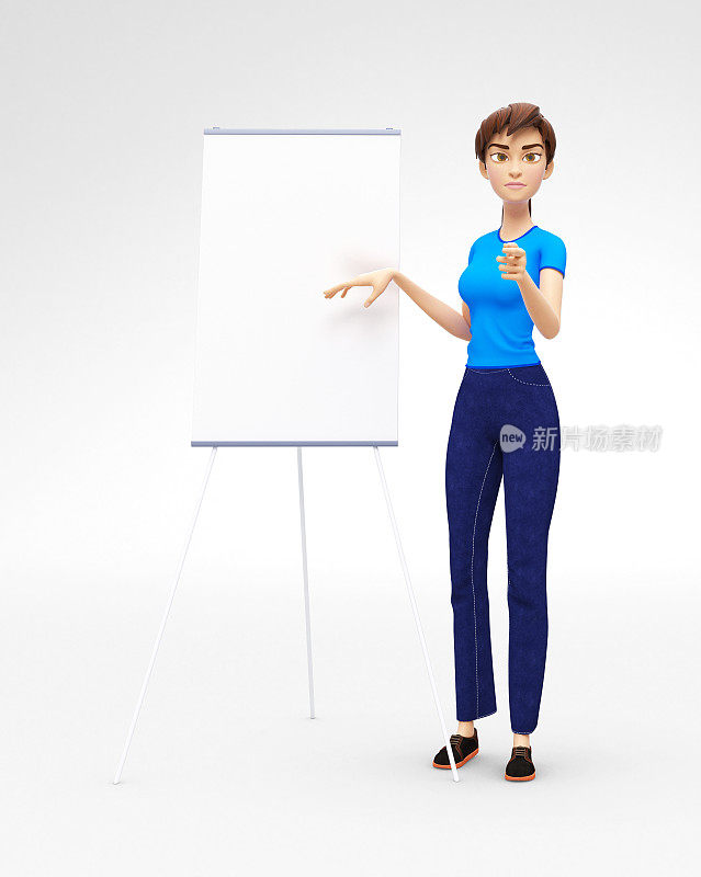 产品flip chart模型和空白板与严肃和严格的珍妮- 3D卡通女性角色在休闲服装